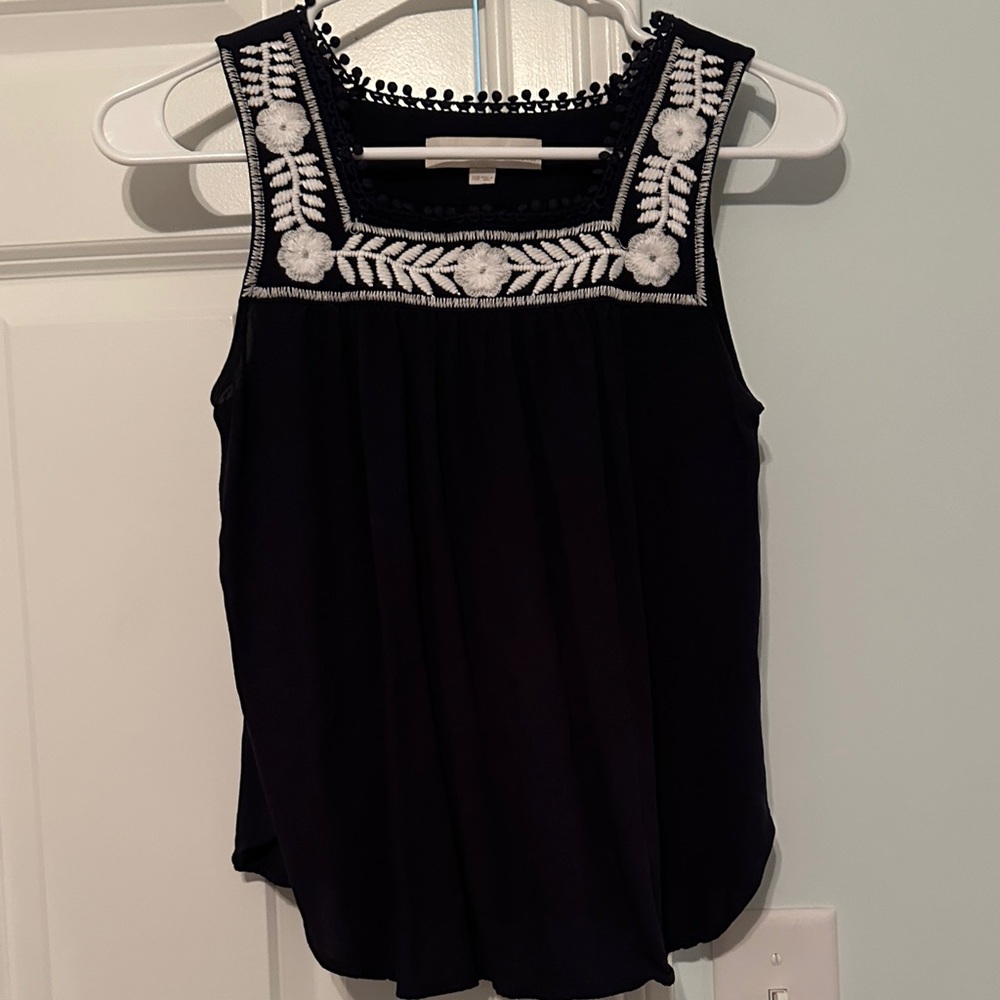 LOFT Black Top with White Embroidery